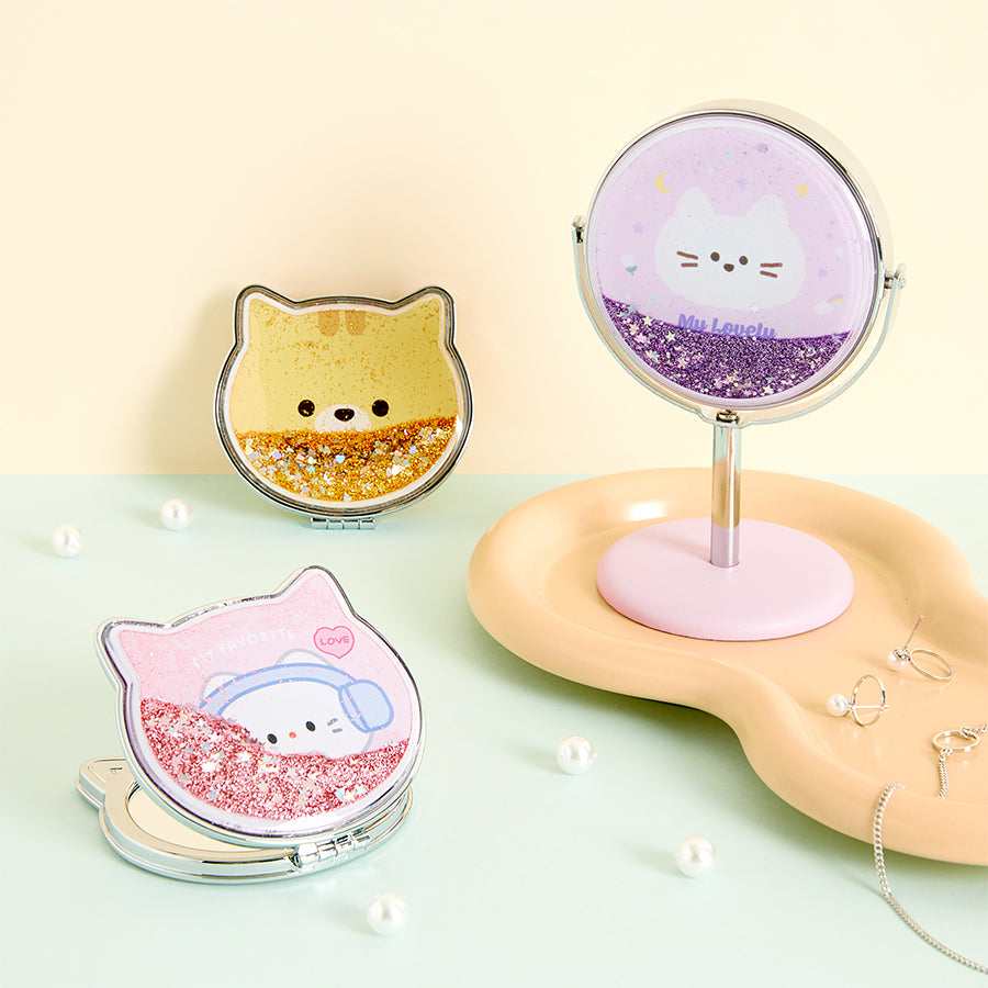 Round Standing Desk Mirror (Glitter Cat)