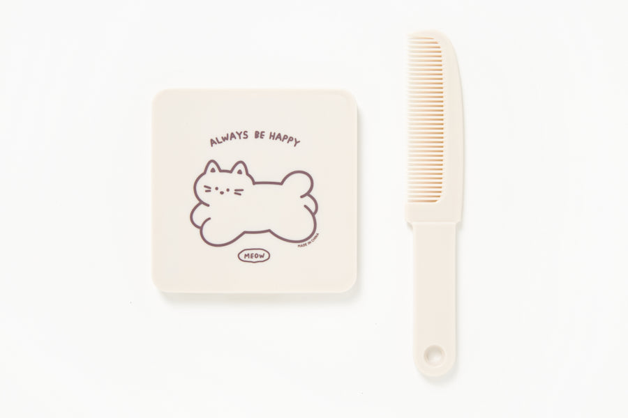 Hand Mirror & Comb 'Always Be Happy' - Cat