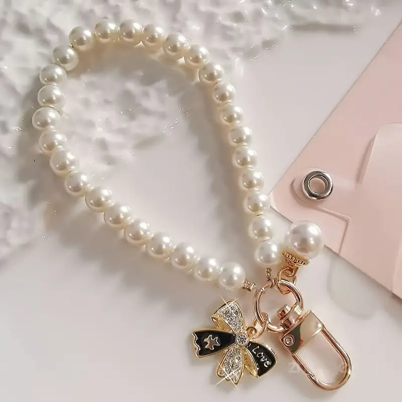 Phone Chain Pearl Black Charm