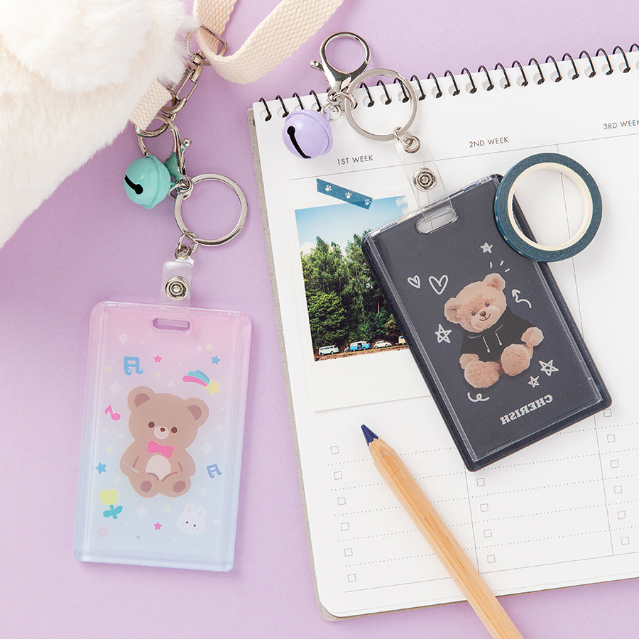 Photo Card Case Rainbow Bear with Bell Key Ring